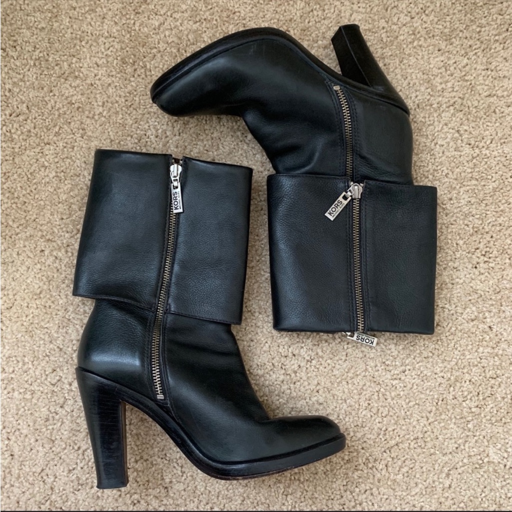 Michael Kors Fold Over Black Leather Heeled Boots
